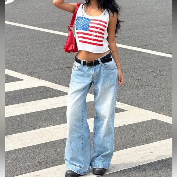 American Flag White Tank Top Crop Raw Hem Stripes Stars United States - Picture 15 of 16